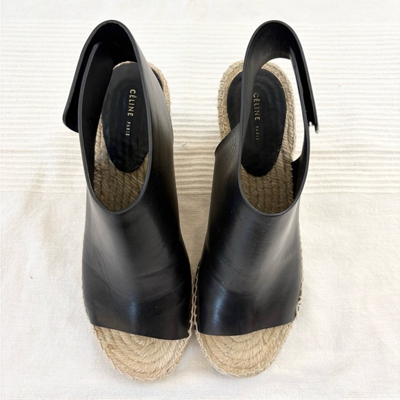 CÉLINE PARIS Black Leather Jute Espadrille Open Toe Heel Wedges EU 38 - Picture 9 of 14